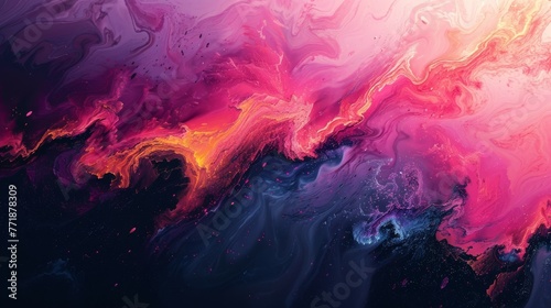 A close up of a vibrant painting featuring shades of purple and magenta against a dark background, resembling a cumulus cloud in the atmospheric sky photo