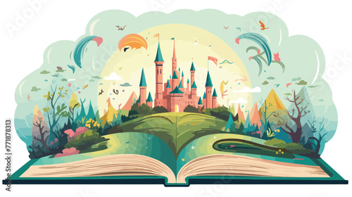 Imagination concept open book fairy-tale characters