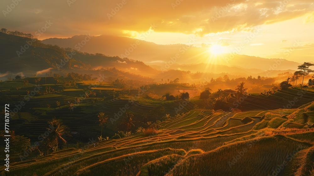Rice terraces distant high mountains. sunset