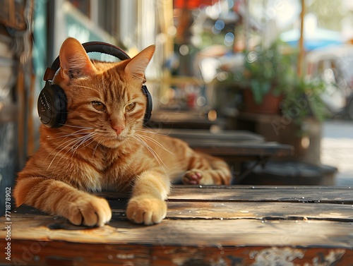 A relaxed ginger cat lies on a rustic wooden table outdoors, lost in music through its stylish headphones, soaking up the lively café atmosphere.