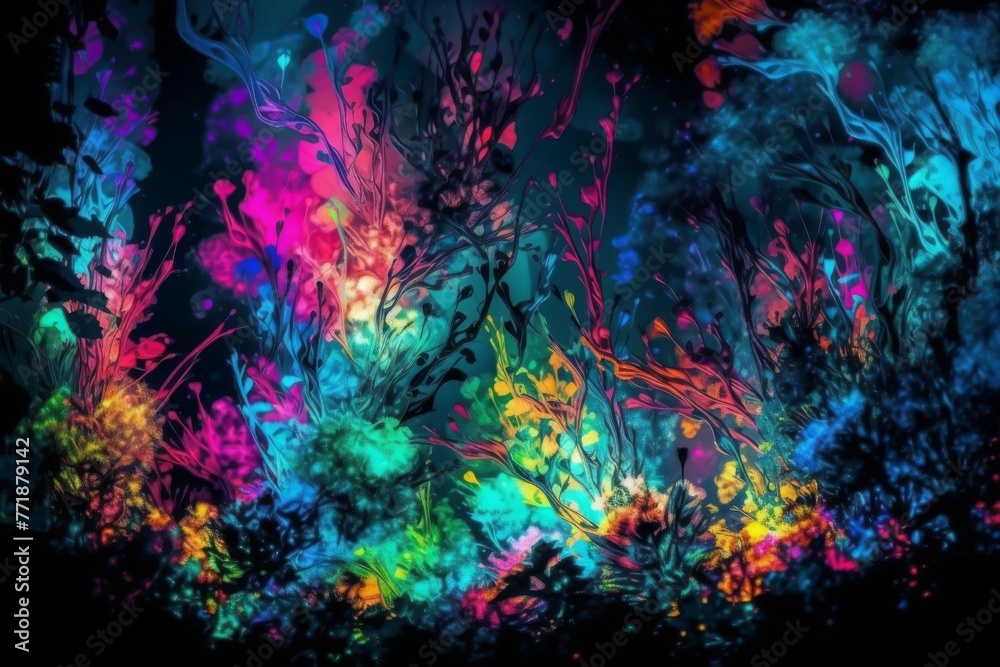 Abstract vibrant multicolor wet paint drops and splotch on black background. Bright orange and pink neon colors. Street art isolated. High quality photo