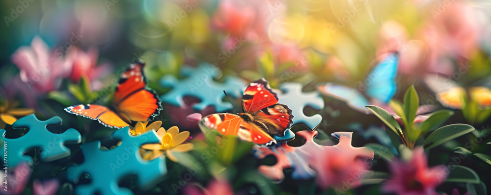 Colorful puzzle pieces on spring field with flowers and butterflies. World Autism Awareness Day. Autism spectrum disorder concept