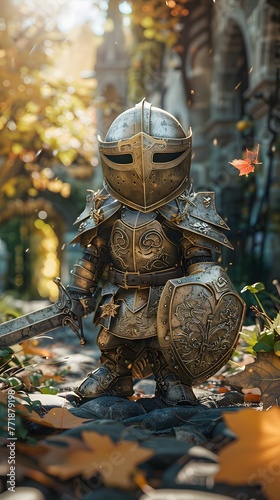 Standing amidst autumn leaves, a charmingly detailed toy figurine of a fantasy warrior, adorned in armor, evokes the essence of epic quests and adventurous tales.