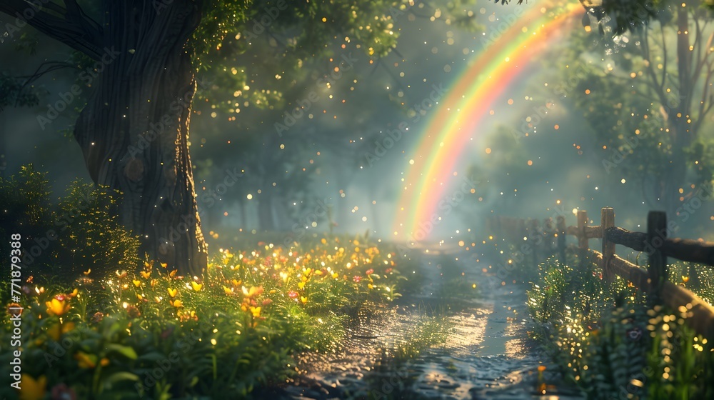 A rustic country path edged with wildflowers basking in the soft glow of a rainbow amid floating fireflies, invoking a peaceful retreat.