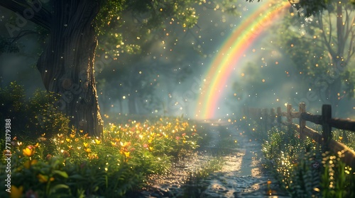 A rustic country path edged with wildflowers basking in the soft glow of a rainbow amid floating fireflies, invoking a peaceful retreat.