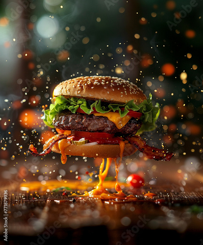 burger floating in the air cinematic food professional photography