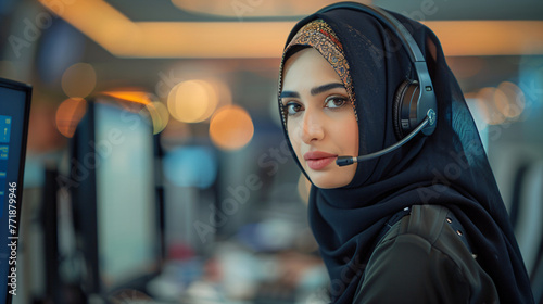 Arab woman in hijab working in call center. Muslim business woman with headset working in office. Happy arab woman working in company service center wearing headphone helping solving client problem
