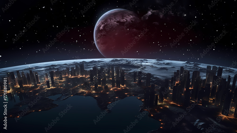 Earth at night, city lights glow in the dark