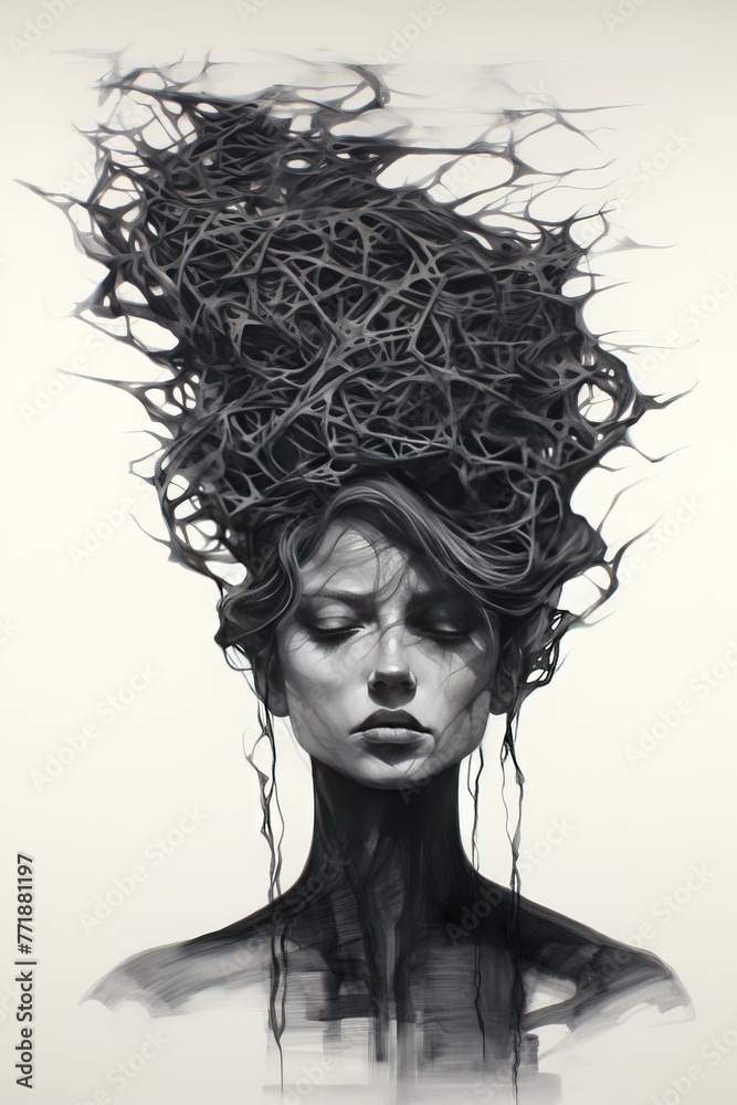 Portrait of a woman with tendrils of sadness and depression on head - obrazy, fototapety, plakaty 