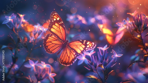 Monarch butterflies gracefully flutter among the flowers, accompanied by the twinkling lights of fireflies, creating a mesmerizing dance of light in the twilight.