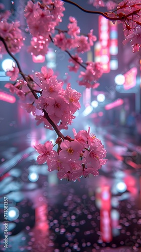 Set against the backdrop of a mesmerizing urban bokeh effect, soft cherry blossoms foreground the fusion of natural elegance and vibrant city nightlife.