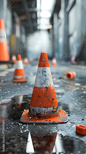 A solitary line of weathered traffic cones directs an unseen path through a desolate, wet urban corridor, reflecting a sense of abandonment and decay.