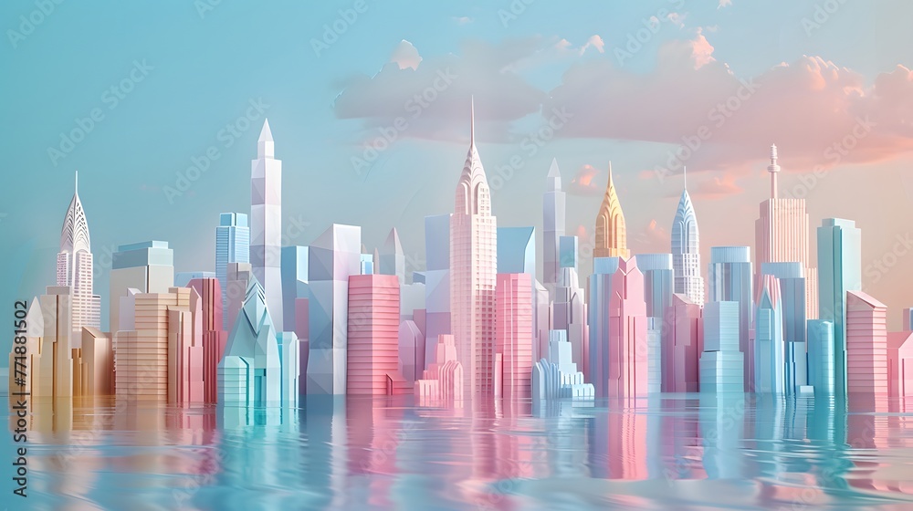 The soft hues of sunrise paint a pastel-colored city skyline, mirrored beautifully on the water's surface, creating a peaceful urban dawn.