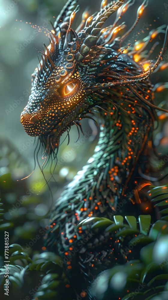 Magnificent emerald dragon head with glowing orange eyes and accents, camouflaged among the lush forest foliage.