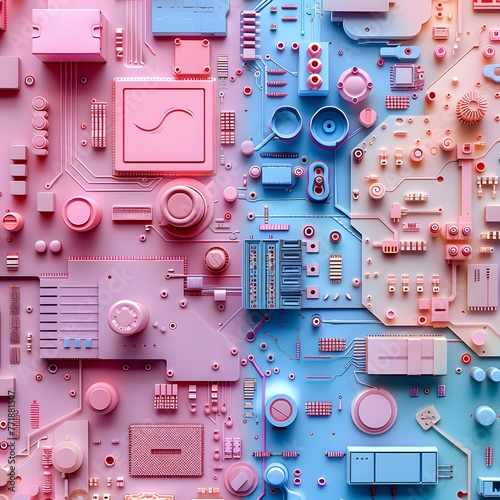 Highly detailed, pink and blue toned abstract motherboard with a variety of electronic components and connectors.