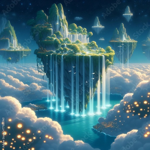  Waterfall on a Floating Island in the Clouds