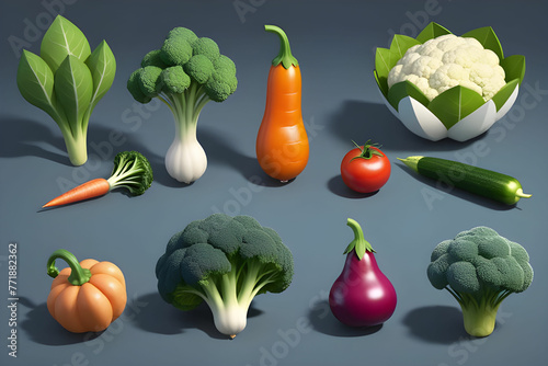 Vegetables 3d icon set. Red Bell pepper, Hot chili pepper, Spring Onion, Green Bell pepper, Radish, Corn, Eggplant. Isolated icons, objects on a white background