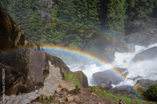 most famous Vernal Fall, Mist Trail with rainbow. Yosemite National Park, California 