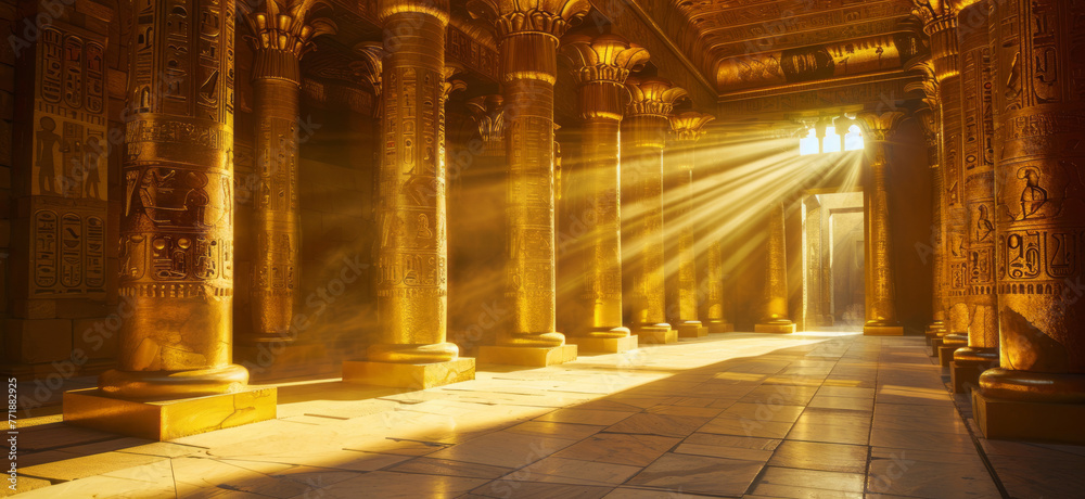 Steps lead to a royal palace and the valley of the pharaohs, with sunrays shining upon it and hues of light yellow and light bronze.