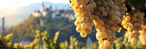 Grapes are seen with a castle in the background, featuring regionalism, soft-focus techniques, and white and gold hues. photo