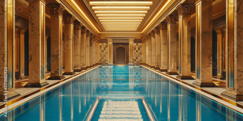 A blue pool is situated along a hallway with shiny gold walls  in a composition reminiscent of neoclassical architecture.