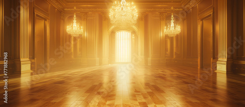 A beautiful chandelier and gold walls adorn an empty space, creating a romantic academia scene.