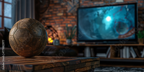 A soccer ball rests on a wooden table in front of a flat-screen TV, creating a rustic scene with bold, angular elements. photo