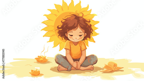 Little girl sitting on her knees and drawing sun us