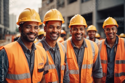 group of male construction workers wearing hats and safety suits at construction building site