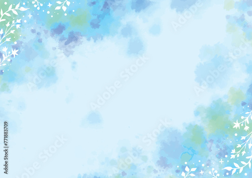 植物飾りをあしらったブルーの背景-横型