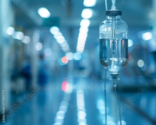 Saline solution fluid IV bag hanging in an emergency room at a hospital, with right copy space, symbolizing immediate medical care and treatment, super detailed