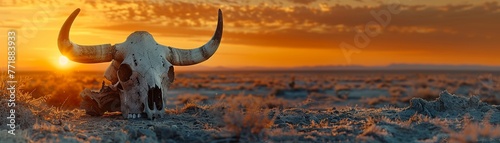 Evocative imagery of a skull bull in the desert at sunset, contemplating the themes of life's end, close-up