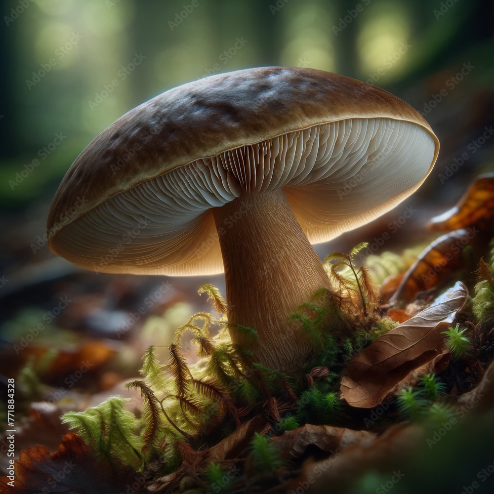Fototapeta premium A detailed close-up image of a mushroom growing on the forest floor, capturing the essence of its natural habitat