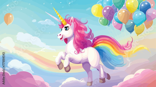 Lovely unicorn flying with colorful balloons cute f