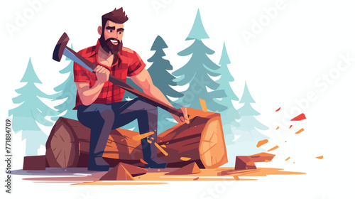 Lumberjack man in a red checkered shirt cutting tre