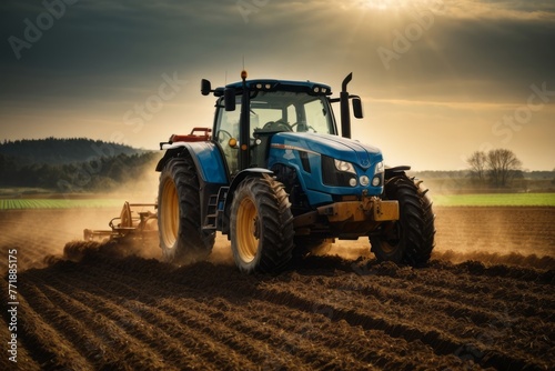 farmer with tractor preparing land for planting plants  agriculture  farming and harvesting concept