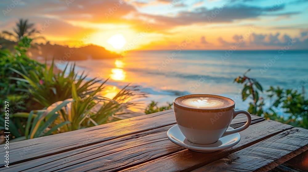 Steamy cup of coffee on wooden table at sunrise with beautiful beach in background, AI-generative