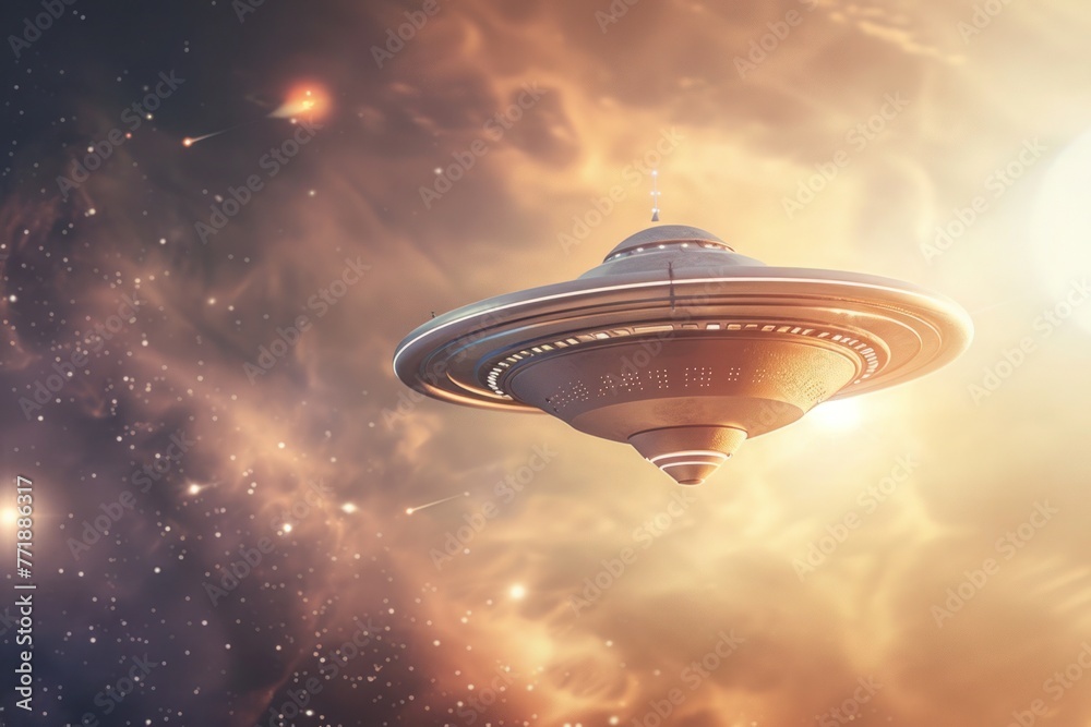 Sci-fi illustration capturing the intrigue of an alien spacecraft in the night sky surrounded by celestial elements Sci-fi illustration capturing the intrigue of an alien spacecraft in the night sky surrounded by celestial elements