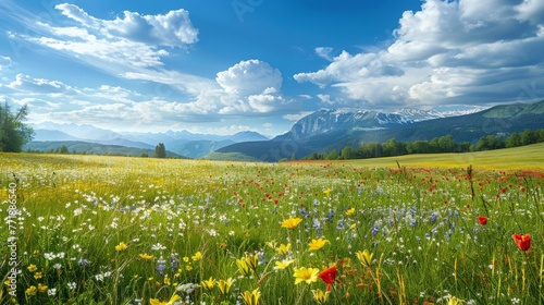 Beautiful spring landscape with meadow flowers and daisies in the grass. Natural summer panorama.