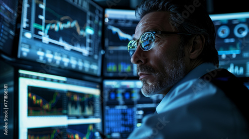 Businessman Analyzing Financial Markets on Multiple Computer Screens © Mutshino_Artwork