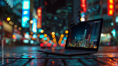 Laptop Displaying Financial Charts on City Street at Nighttime © Mutshino_Artwork