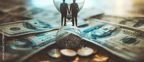 cinematic Hourglass. At the top are businessmen standing holding hands, bottom is flowing dollar bills and coins, cooperation concept in business period. photo