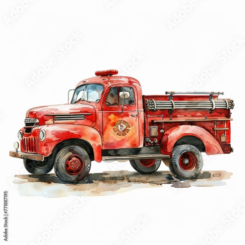 Enchanting watercolor fire truck clipart, heroics and bravery, nursery inspiration, isolated on white , clean sharp