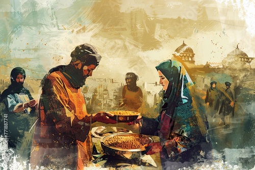 A painting depicting a man serving food to a woman, illustrating the act of giving zakat, obligatory almsgiving in Islam. Generative AI photo