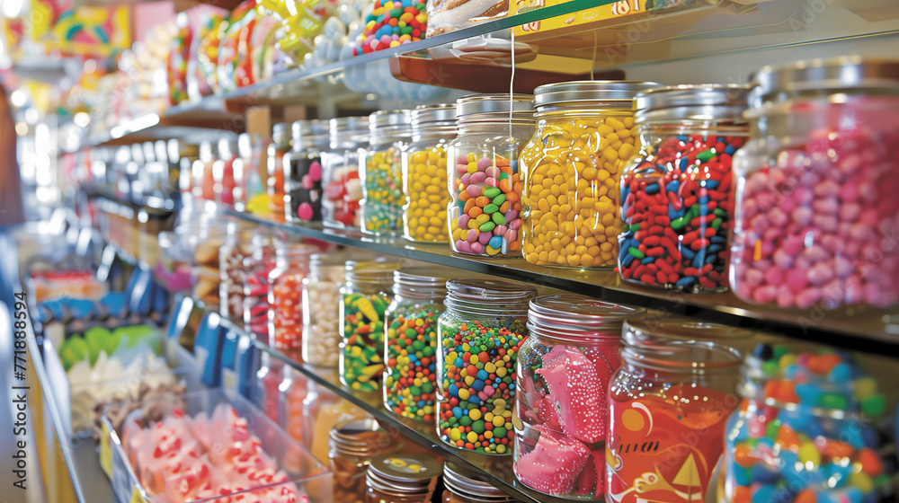 Assorted Colorful Candies in Glass Jars on Store Shelves Display