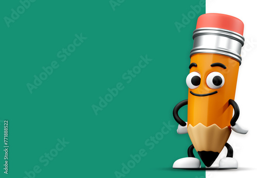 Back to school theme with 3D cartoon pencil character. Smiling pencil mascot stand beside with empty space blackboard illustration