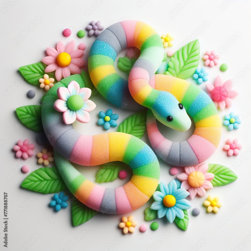 Cute Snake with flowers made of pastel color gummy candy on a white background