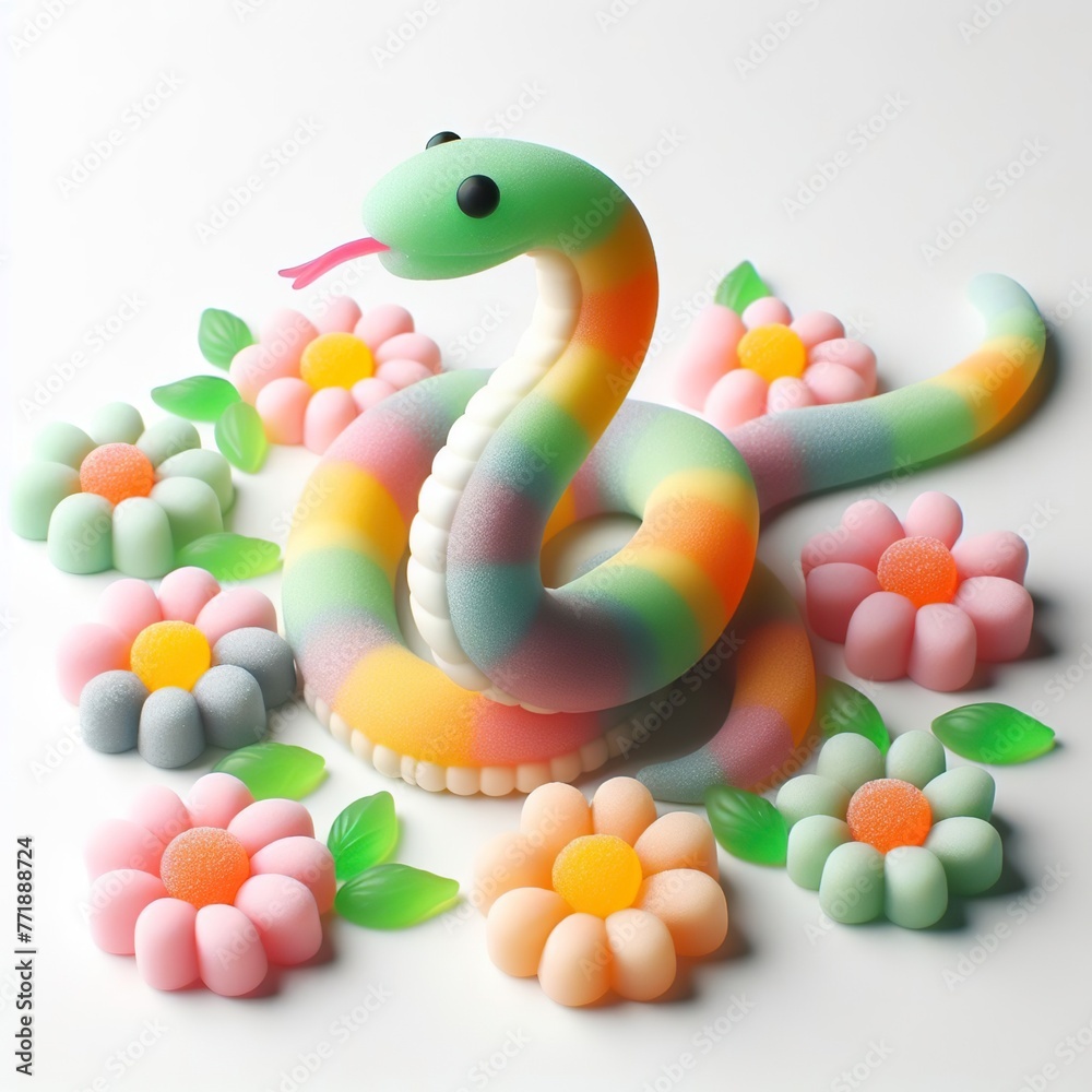 Fototapeta premium Cute Snake with flowers made of pastel color gummy candy on a white background