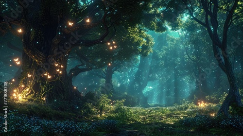 A forest environment with magical lighting, Enchanting forest bathed in magical lighting.