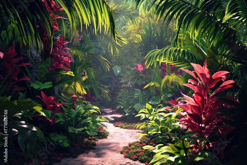 Jungle background with lush foliage and vibrant colors, Vibrant jungle backdrop teeming with lush foliage.